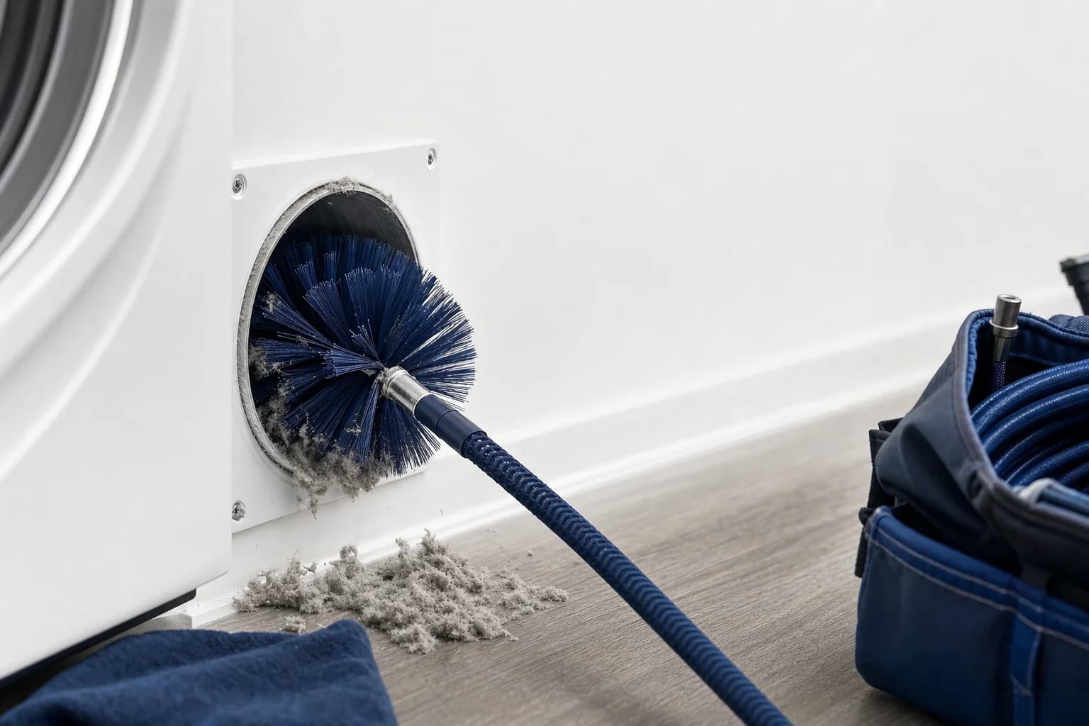 Home maintenance tools laid out for drain, grout, caulk, and dryer cleaning jobs